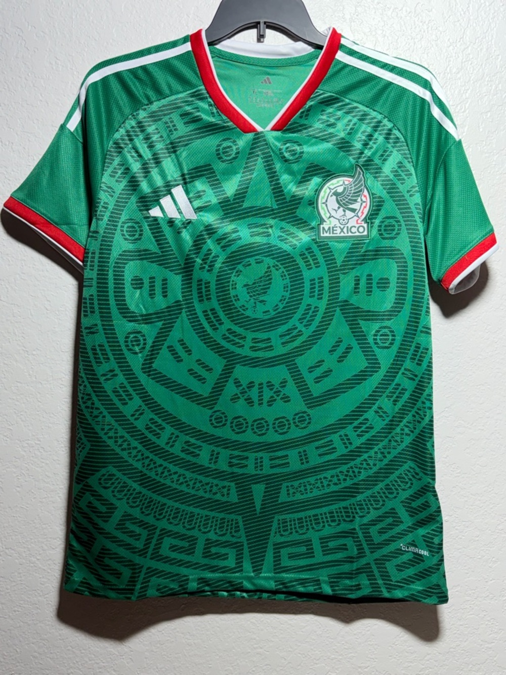 Adidas Green Mexico 2026 Soccer Jersey Patch Detail with Red & White Accents